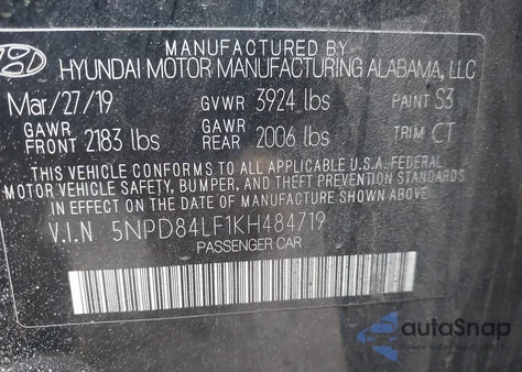 2019 Hyundai Elantra Sel z USA, uszkodzony, nr VIN 5NPD84LF1KH484719